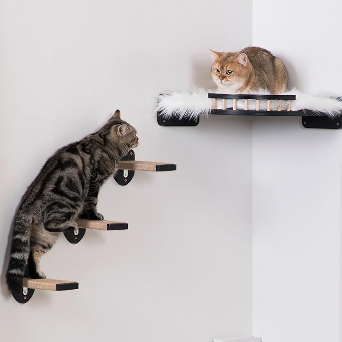3pcs Cat Wall Steps, Cat Climbing Wall Mounted Cat Furniture, Cat Wall Shelves Cat Steps for Wall with Hemp Rope Covered, Solid Wood Cat Ladder for Cats Playing and Climbing (Standard-Black)