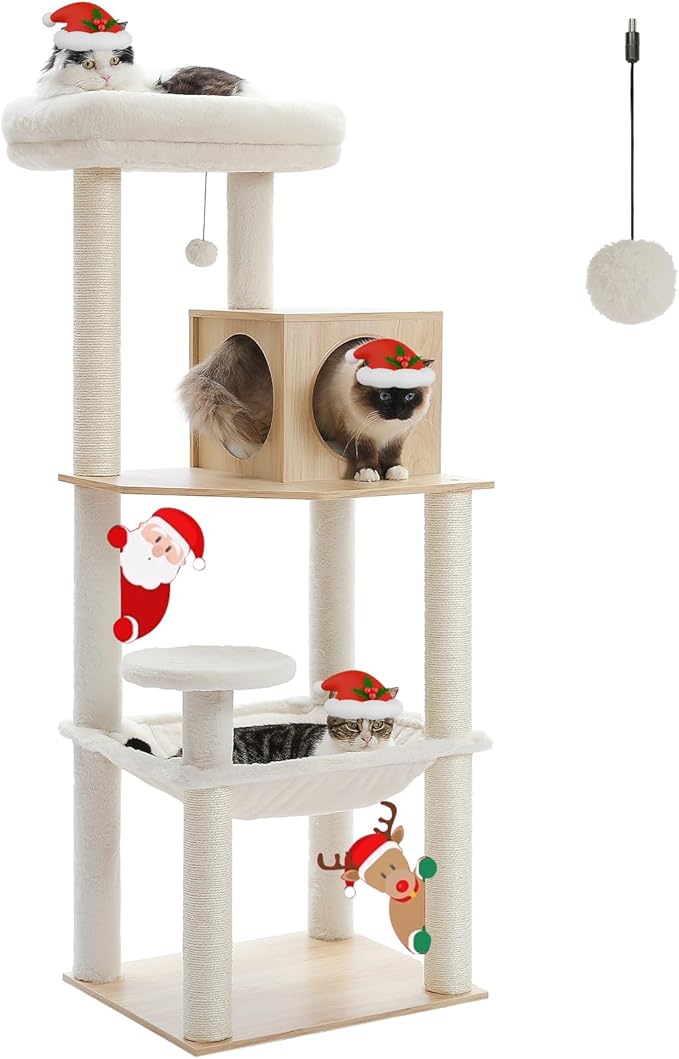PETEPELA Wood Cat Tree for Indoor Cats Multi-Level Tower with Sisal Covered Scratching Posts, Cozy Condo, Super Large Hammock and Plush Perches Faux Rabbit Milk Fur Beige Rabbit Fur Wood Beige