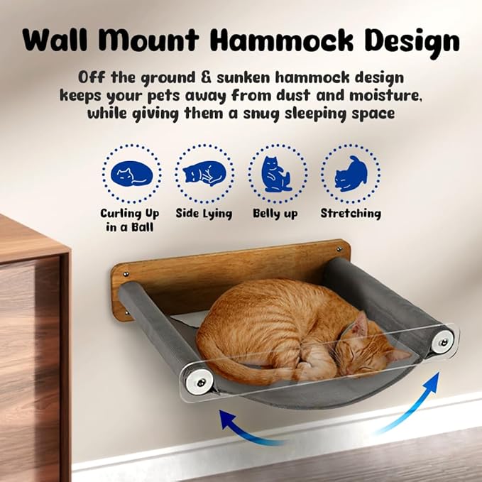 Cat Hammock Wall Mounted, Wooden Kitty Wall Furniture, Stable Shelves Floating Cat Perches for Sleeping, Playing, Climbing and Lounging - MK2012A