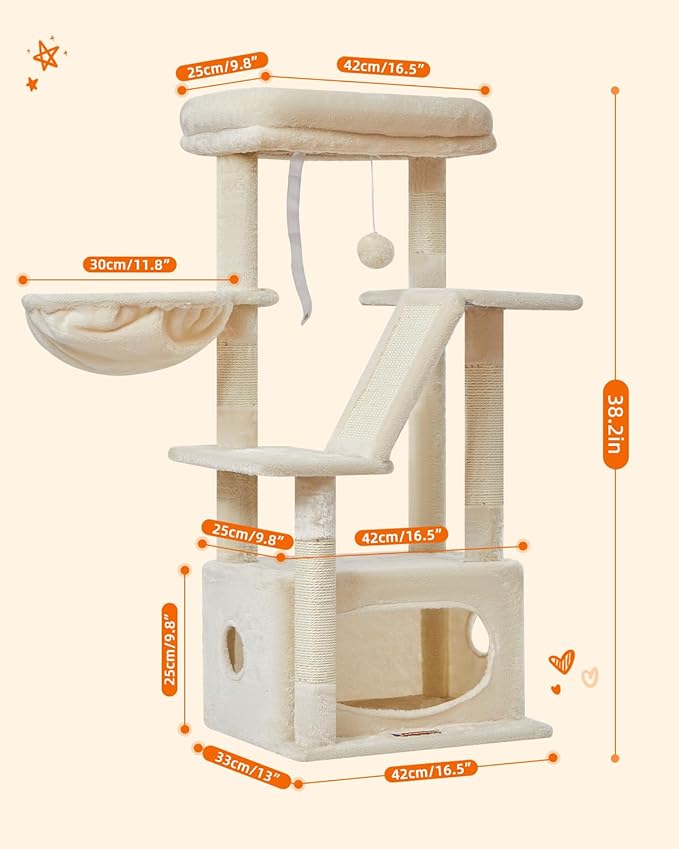 Taoqimiao Cat Tree,38.2-Inch Cat Tower for Indoor Cats,Suitable for Kittens with Luxurious cat condo with Adjustable Baskets and Luxurious Perch Beige MS029SM