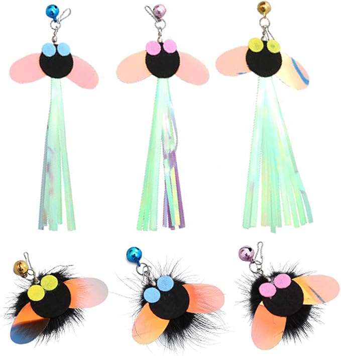 6 PCS Cat Toy Wand Refills, Shiny Insect Refills for Cat Wand Toy Furr Cat Toys Interactive Cat Teaser Wand Attachments, with Bell Fishing Pole Toy, Chase Exercise Toys for Indoor Cats and Kittens