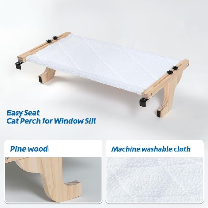 Easy Seat Cat Perch for Window Sill - Hammock Design w/Pine Wood & Robust Metal Frame - Cat Window Seat for Large Cats and Kittens (Natural Color Wood w/White Bed, Large (26''W x 14''D))