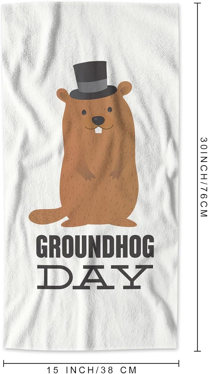 AOYEGO Brown Groundhog Hand Towel Cute Animal with Black Hat Word Happy Groundhog Day Towels Cotton Face Towel Bath Kitchen Decor Set for Women Men Girls Boys 15x30 Inch