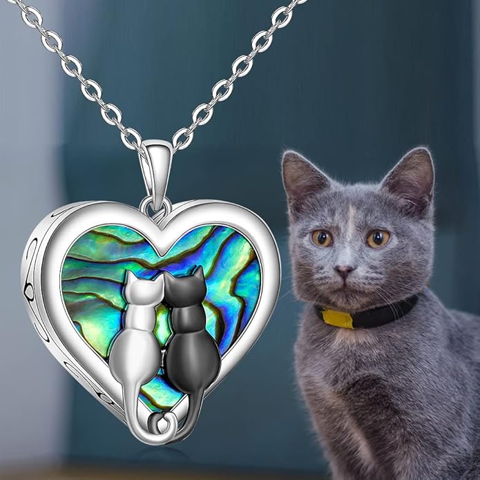 Cat Necklace for Women Ashes Cremation Cat Urn Necklaces for Women Abalone Shell Sterling Silver Paw Print Black Cats Yin Yang Memorial Keepsake Gifts