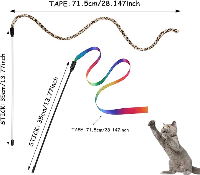 Andiker Cat Wand Teaser Toys，2Pcs Plastic Rainbow Cat Interactive Toys for Indoor Cats Colorful Ribbon&Leopard Print Cat Fishing Pole Toys Training Exerciser for Cat Gifts and Kitten Lovers (2pcs)