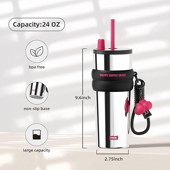 24 OZ Insulated Tumbler witn Lid and Straw Stainless Steel, Insulated Reusable Leak Proof Water Bottle with Strap, Travel Portable Iced Coffee Mug for Hot and Cold, Thermal Cup for Women, Sliver