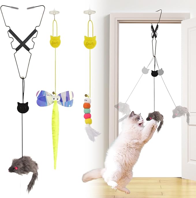 AccEncyc 3 Pack Interactive Cat Feather Toys Doorway Cat Toys for Indoor Cat Interactive Door Hanging Cat Toys Retractable Teaser Toy Over The Door Cat Toys Mouse Hanging String Toys for Cats (Mixed)