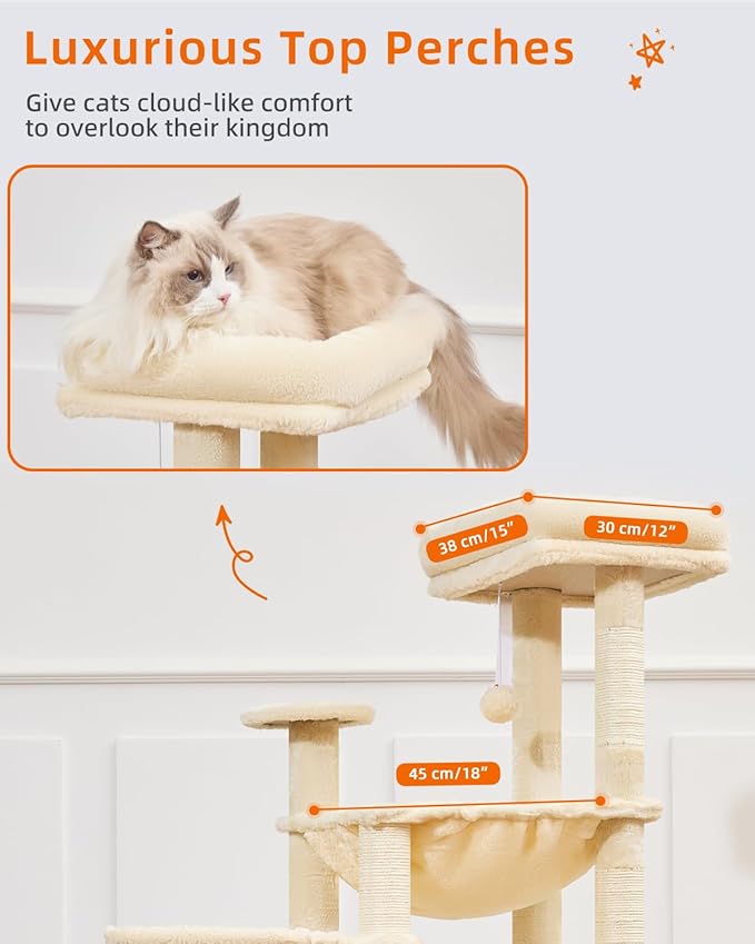 Taoqimiao Cat Tree, 51-Inch Cat Tower for Kittens, Cat Tree Tower with 5 Scratching Posts, Plush Cat Condo with Plush Perch, 2 Hammock, Pompoms, Beige MS019XL-M