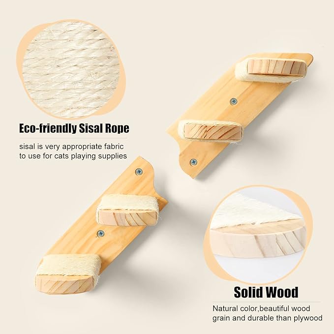 Cat Wall Steps Shelves Cat Climbing Shelf Reversible Wall Mounted, Wooden Four Step Cat Stairway with Scratching Sisal Rope for Cats Perch Platform Supplies Large Cats Scratching Post Activity Tree
