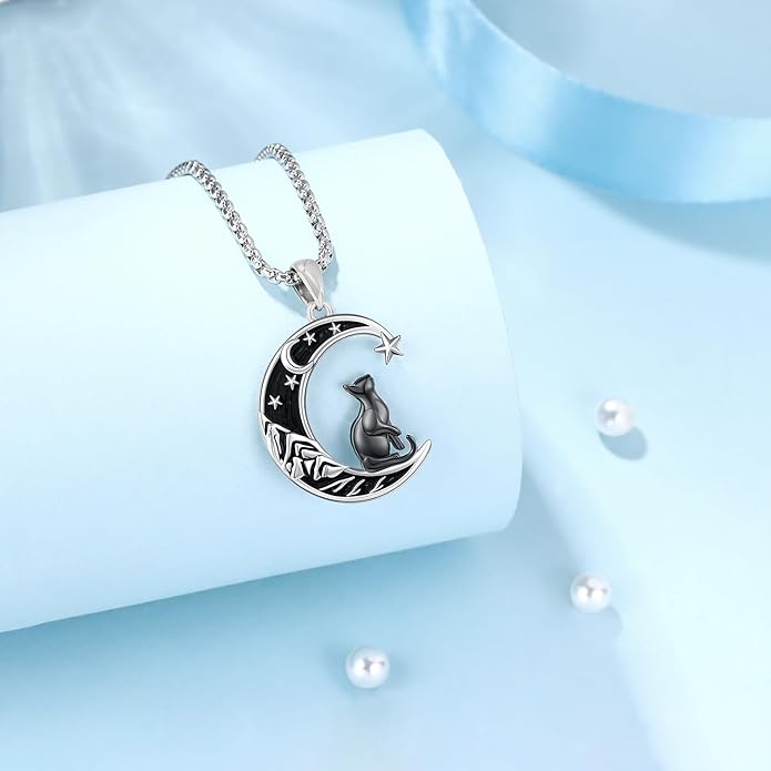 Aniu S925 Sterling Silver Cat Necklace for Women - Moon Pendant Jewelry, Gifts for Cat Lovers