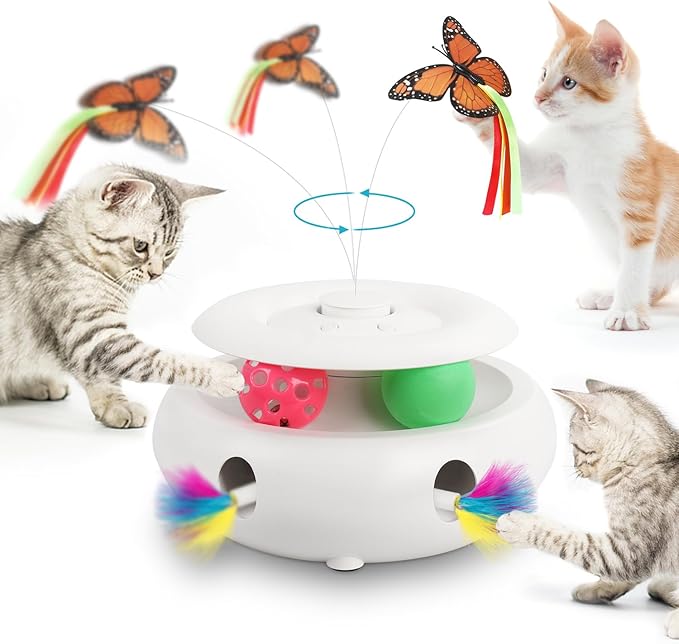 3-in-1 Interactive Cat Toys for Indoor Cats, Automatic 6 Holes Mice Whack-A-Mole, Fluttering Butterfly, Track Balls, USB Rechargeable, Ultra Fun Smart Interactive Kitten Toy (Ivory White)
