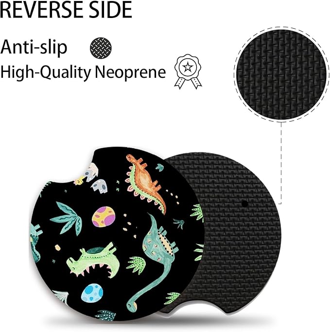 2 Packs Car Coasters for Cup Holders,Keep Cup Holders Clean and Dry,Drink Cup Car Holder Coasters with A Finger Notch,2.75in/7cm,Automotive Cup Holder Cute Dinosaur Graffiti Accessories for Women Men