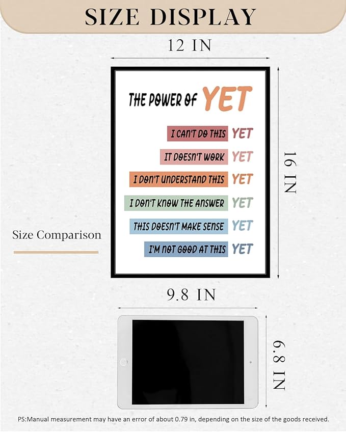 "The Power of Yet" Modern Inspirational Framed Canvas Wall Art, Uplifting 12"x16" Motivational Colorful Wall Decor, Positive Affirmation Encouraging Quote Art Office Classroom Home School