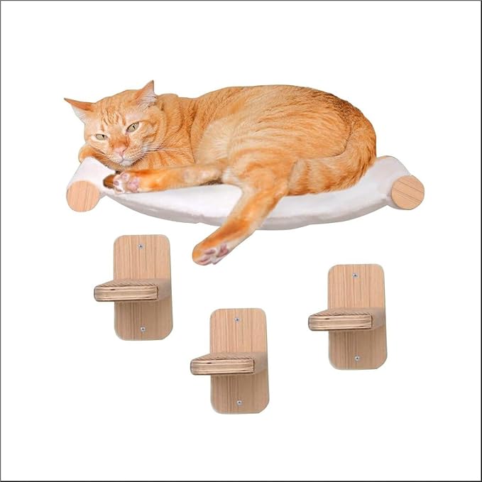 Cat Hammock Wall Mounted Cat Shelf with Three Steps - Cat Wall Shelves and Perches for Sleeping, Playing, Climbing, and Lounging - Modern Cat Bed & Furniture for Large Cats or Kitty, Natural