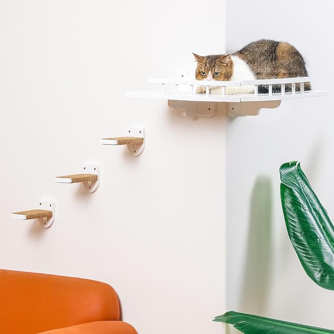 Cat Shelves for Wall, 2 Pcs Cat Wall Shelves with 3 Cat Wall Steps, Wood Cat Wall Furniture Set with Plush Covered, Wall-Mounted Cat Climbing Shelves Cat Perch for Indoor Large Cat (White)