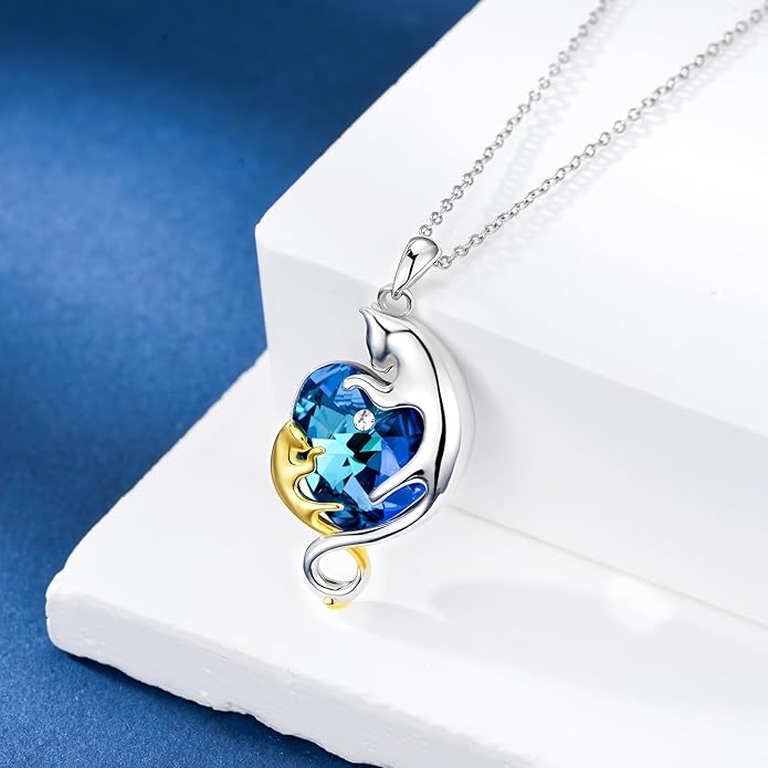 AOBOCO Valentine Cat Necklace for Women 925 Sterling Silver Cat Pendant Necklace Embellished with Crystals from Austria Jewelry Gifts for Cat Lovers