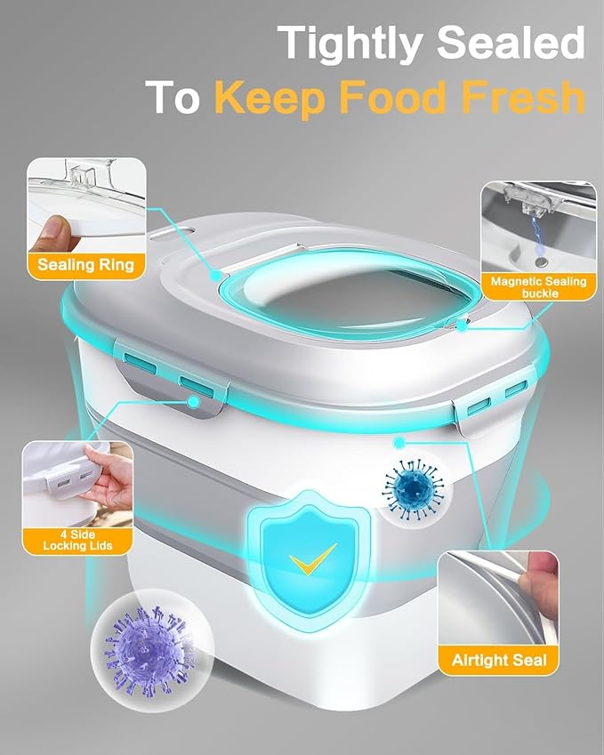 ANVS Dog Food Storage Container - Up to 30Lbs Collapsible Dog Food Container with Airtight Lids, Scoop and 2.5L Small Pet Food Storage Container Dry Food For Dog, Cat and Other Pet Food (Grey)