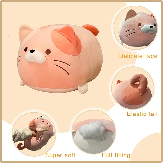 AIXINI 13.7 inch Cute Cat Plush Pillow Stuffed Squishy Animal Cylindrical Body Pillow, Super Soft Fat Cat Chubby Kitten Kawaii Pillow-Pink