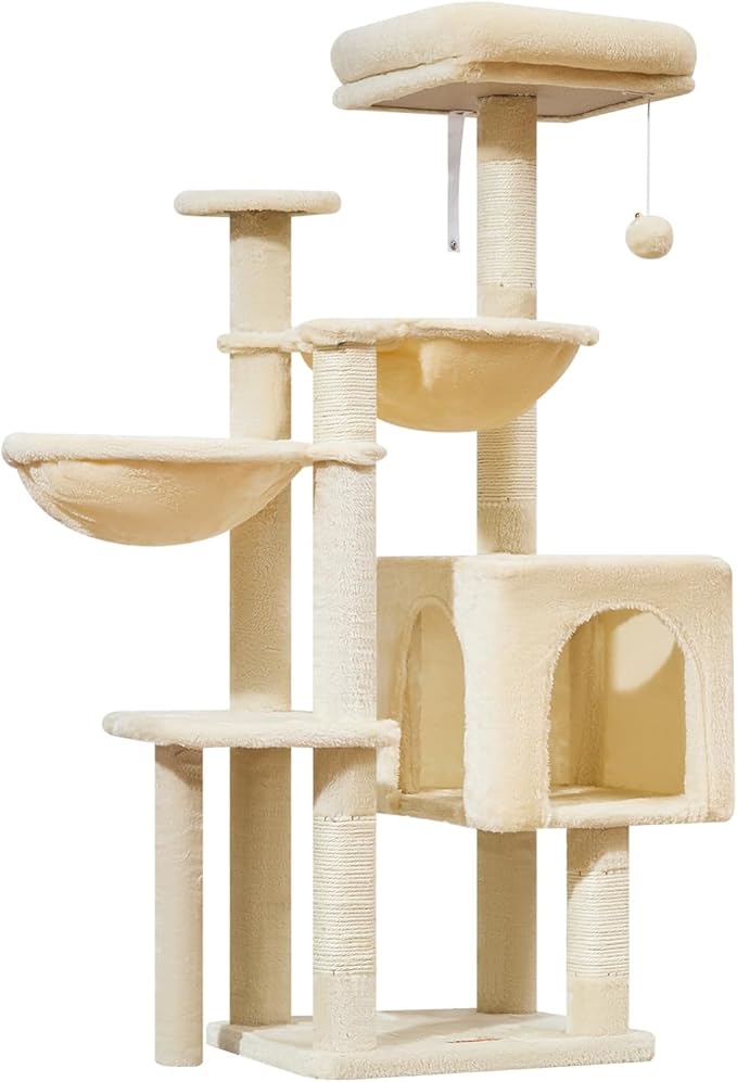 Taoqimiao Cat Tree, 48-Inch Cat Tower for Kittens, Cat Tree Tower with 5 Scratching Posts, Plush Cat Condo with Plush Perch, 2 Hammock, Pompoms, Light Gray MS019L-M