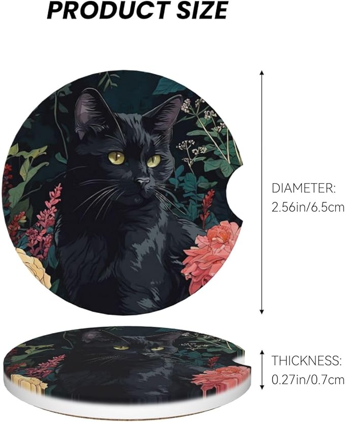 Absorbent Ceramic Car Coasters for Cup Holders, Vintage Flower Black Cat Design 2.56" Anti Slip Universal Drink Cup Coasters for Women Men (2 Pack)