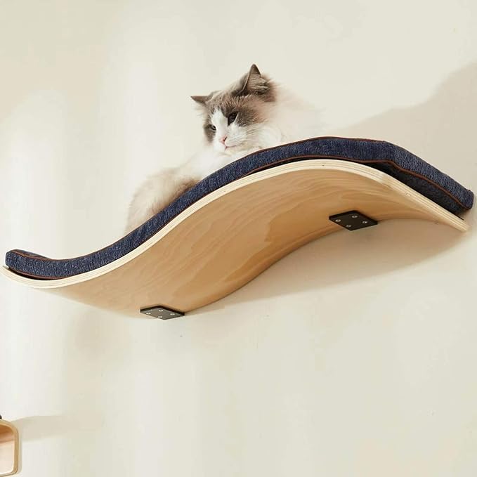 Cat Shelf with Comfortable Cat Cushion - Wave Modern Cat Bed - Minimalistic Floating Cat Wall Perch - Wooden Wall Mounted Cat Furniture for Sleeping, Playing, Climbing, and Lounging