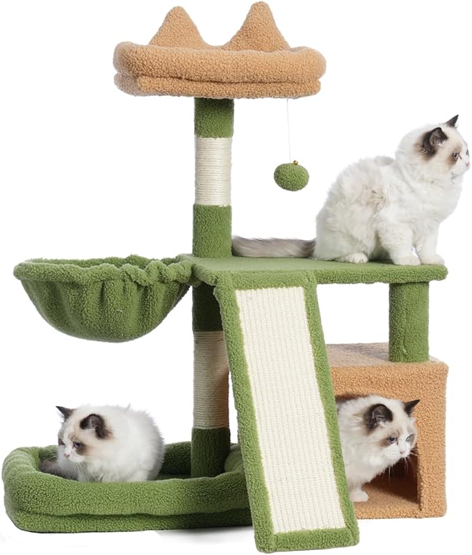 Cat Tree, Cat Tower with condo, Basket, Large Bed, Platform, Scratch Board, Cat Scratching Posts for Indoor Cats, Green and Yellow GCT002SGY