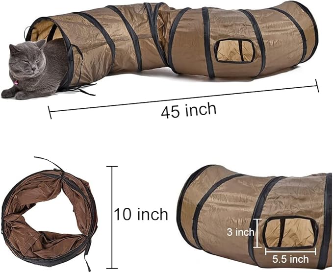 Andiker Cat Tunnel, S-Shape Cat Tunnel Pet Tube Collapsible Play Toy Indoor Outdoor Toys for Exercising Hiding Training and Running Cat Puzzle Toy with 2 Side Holes (Brown)