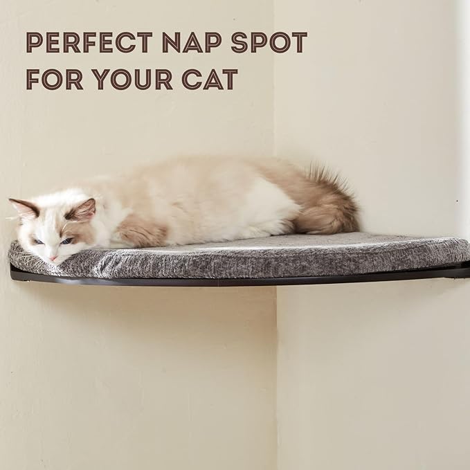 Wall Mounted Corner Cat Bed - Cat Shelf with Comfortable Cushion - Minimalistic Cat Furniture for Indoor Cats - Climbing Cat Perch for Wall, Walnut