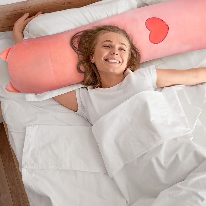 Artist-Designed Ultra Soft Long Cat Plush Body Pillow, Extra Stuffing for Comfort, Premium Quality Stuffed Animal Gift for Girlfriend or Cat Lovers (Pink Cat Body Pillow 28 Inch)