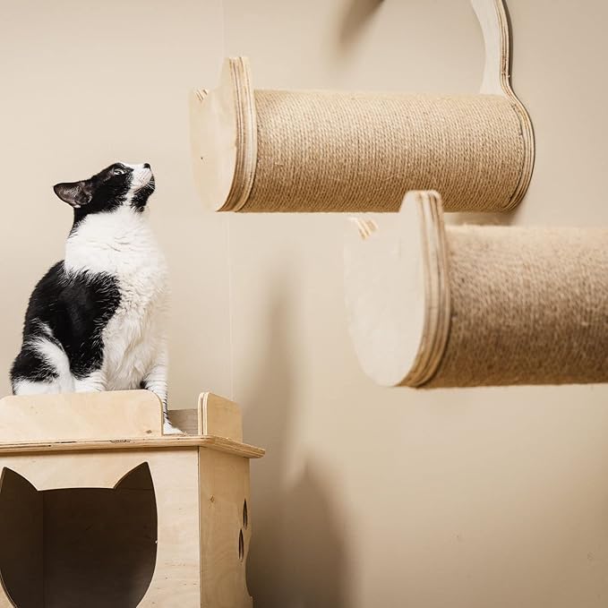 On2Pets Cat Furniture Wall-Mounted Scratcher Cat Steps, Sisal Rope Scratching Posts Floating Cat Wall Perches, Set of 2 with Cat face and Tail