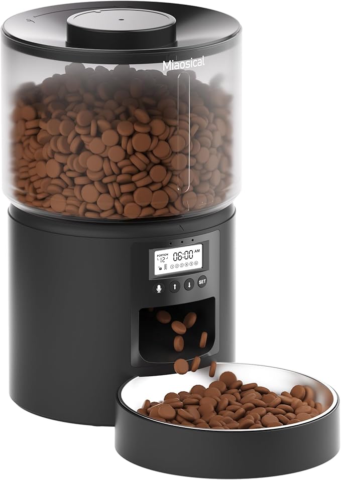 Automatic Cat Feeder Flexible Schedule Timer,6 Meals/Day,1-12 Portions/Meal,Dual Power Auto Feeder Dry Food Dispenser,10S Voice Record,for Cats & Small Dogs (Black,3.6L Stainless Steel Bowl)