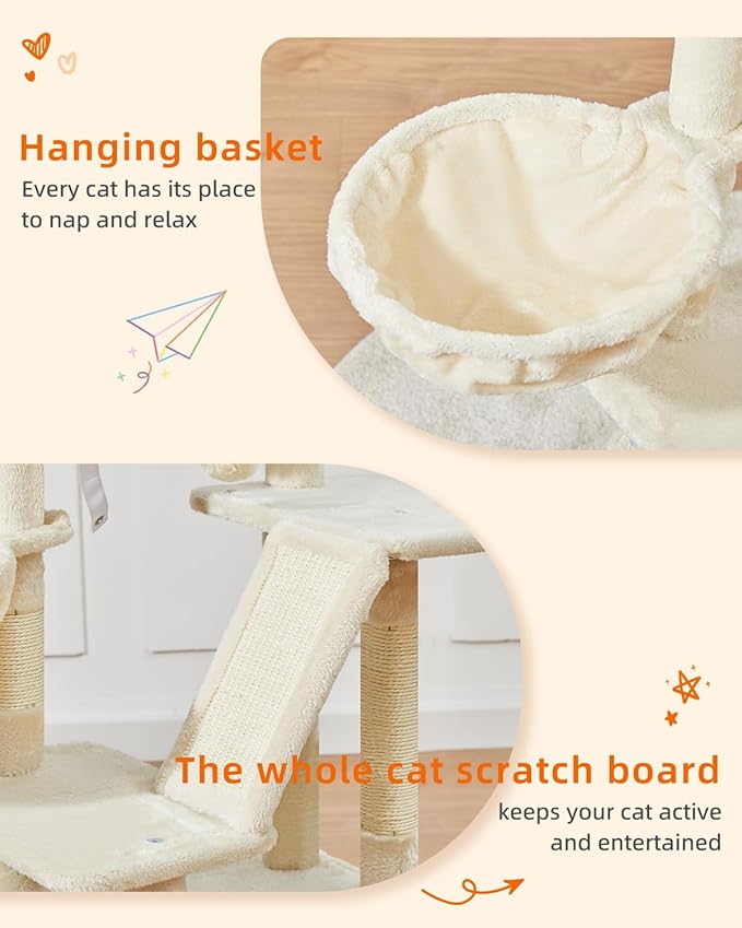 Taoqimiao Cat Tree,38.2-Inch Cat Tower for Indoor Cats,Suitable for Kittens with Luxurious cat condo with Adjustable Baskets and Luxurious Perch Beige MS029SM