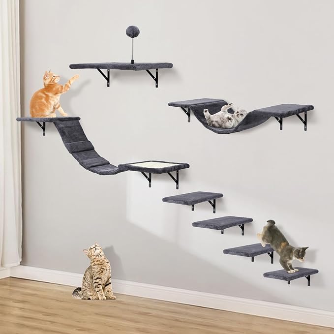 Wall-Mounted Cat Climber Set with Climbing Shelves, Perches, Bridge,Hammock,Scratching Board & Ball - 7 Pcs Wood Indoor Cat Furniture for Kittens Play (Dark Grey)