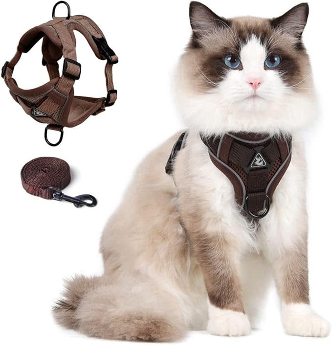 Cat Harness and Leash Set, Upgraded Escape Proof Adjustable Kitten Vest with Lead for Small Cat Outdoor Walking, Soft Breathable Mesh Jacket with Reflective Strips for Dark Night (S, Coffee Brown)