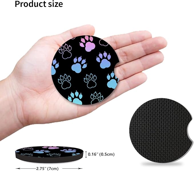 Absorbent Car Coasters for Cup Holders, 2 Pack Universal Neoprene Car Coasters with Finger Slot, Auto Accessories for Women & Men,2.56"(Gradient Black Dog paw Print)