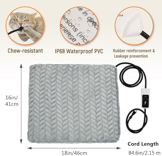 Heeyoo Pet Heating Pad, Adjustable Temperature Dog Cat Heating Pad with Timer, Waterproof Heated Dog Bed with Chew Resistant Cord, Auto Power-Off Indoor Pet Heated Mat for Dogs and Cats