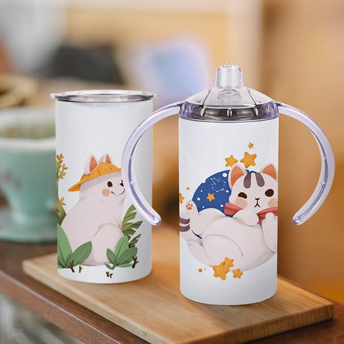 2 Pack Sublimation Blank Sippy Cup Tumblers with Handles Straight Stainless Steel Insulated Skinny Tumblers with Splash-proof Lid 12 oz Shatterproof Water Tumbler