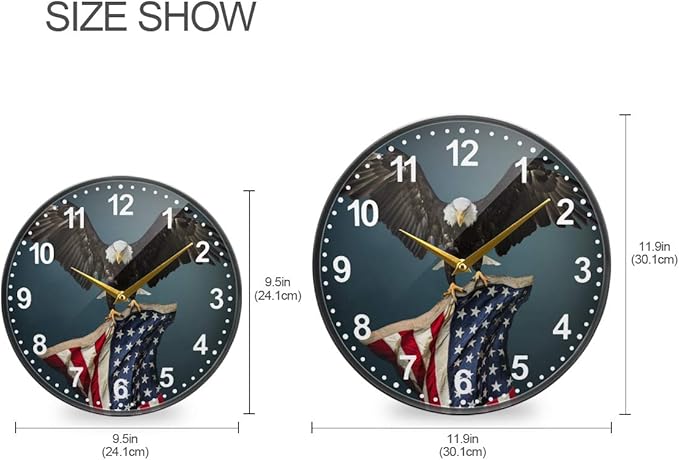 ALAZA USA Flag American Bald Eagle Wall Clock Battery Operated Silent Non Ticking Clocks for Living Room Decor 12 Inch / 9.5 Inch
