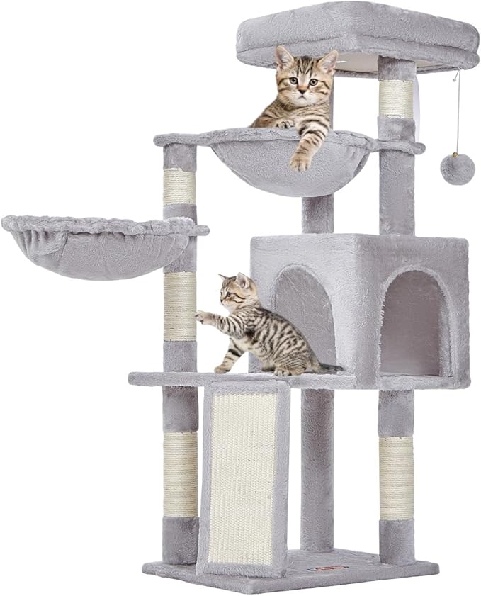 Taoqimiao Cat Tree, 37.4-Inch Cat Tower for Indoor Cats,Suitable for Kittens,Plush Cat Condo with 5 Scratching Posts, Plush Perch,2 Hammock,Pompoms, Scratching Ramp MS018W Light Gray