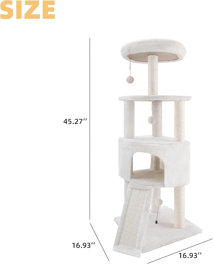 45in Cat Tree Tower with Big Cat Condo for Indoor Cats,Cat Tower Activity Center Cat Furniture with Scratching Post and Hanging Bed,Beige …