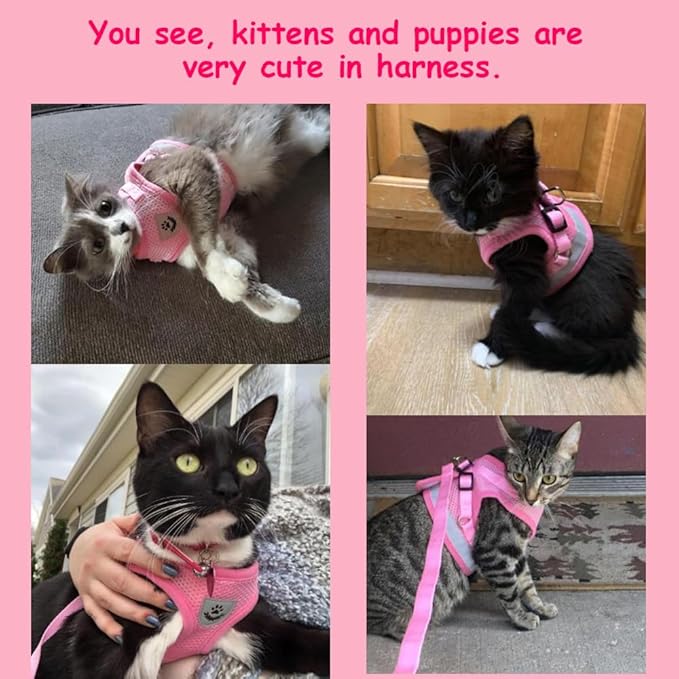 Cat Harnesses and Puppy Harness with Leashes Set, Escape Proof Cat Harness, Adjustable Reflective Soft Mesh Vest Fit Puppy Kitten Rabbit Ferrets's Outdoor Harness(pinkXL)