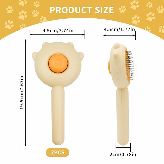 2Pcs Cat Brush for Grooming, Pet Comb Brush with Release Button, Self Cleaning Slicker Comb for Shed Hair and Removes Tangles Hair for Short or Long Haired Cats, Dogs (Yellow 2PCS)