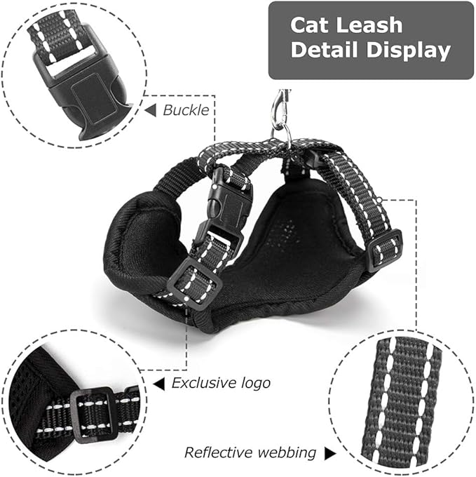 Reflective Kitten Harness and Leash Escape Proof with Car Seat Belt, Adjustable Cat Puppy Walking Jacket with Metal Leash Ring, Soft Breathable Small Pet Vest (M)