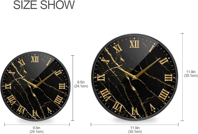 ALAZA Black Marble Print Gold Lines Wall Clock Battery Operated Silent Non Ticking Clocks for Living Room Decor 12 Inch / 9.5 Inch