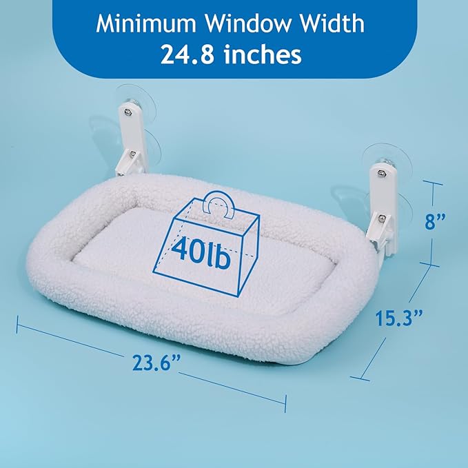 Foldable Cat Hammock for Window - Cordless, Embeded Machine Washable Bed, Robust Metal Frame - Cat Window Perch for Large Cats and Kittens (White Bolster Bed, Large)