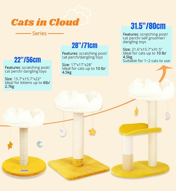 Happi N Pets Cloud Cat Tree, Cat Scratching Post with Bed, Cat Tree Tower for Indoor Cats, Sisal Cat Scratcher with Soft Perch for Kitten & Adult Cats, Small Cat Tower with Toys, Cat Scratch Post