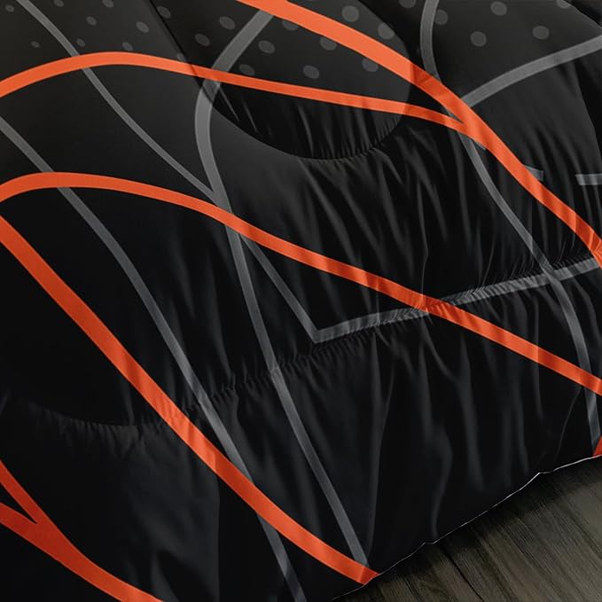 Basketball Court Print Twin Comforter Set for Boys,Ball Sports Games Bedding Set for Teens Kids Bedroom Decor,Orange Basketball Comforter Sets with 2 Pillowcases.