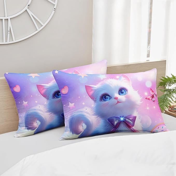 AILONEN Kids Cat Comforter Set Full Size,Kawaii Kitten Comforter for Girls,Colorful Rainbow Cat Bedding Set 3 Pieces,1 Comforter with 2 Pillowcases