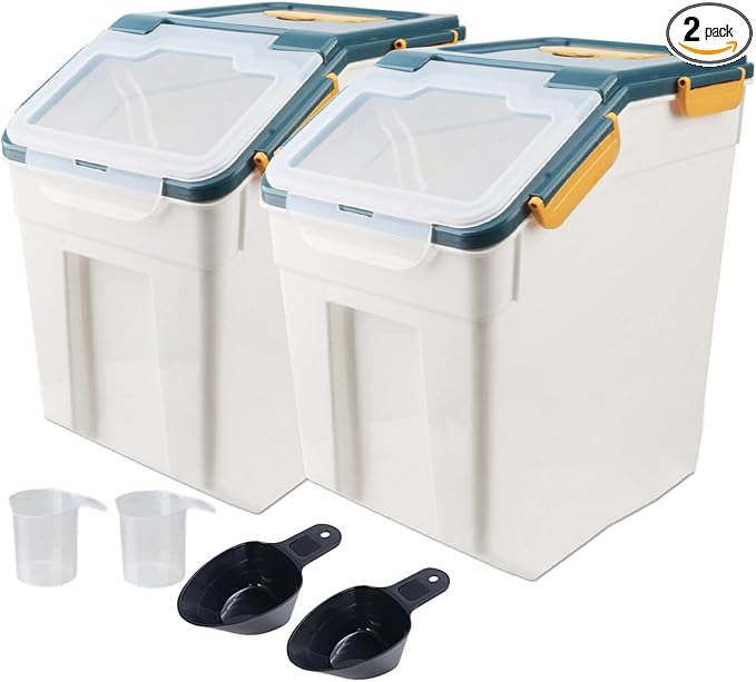 AnRui 2Pcs Airtight Flour Storage Containers 45LB, Large Rice Storage Container, Plastic Cereal Grain Dispenser Organizer Pet Dog Cat Food Storage Bin with Lid, with Measuring Cup, Scoop, Blue