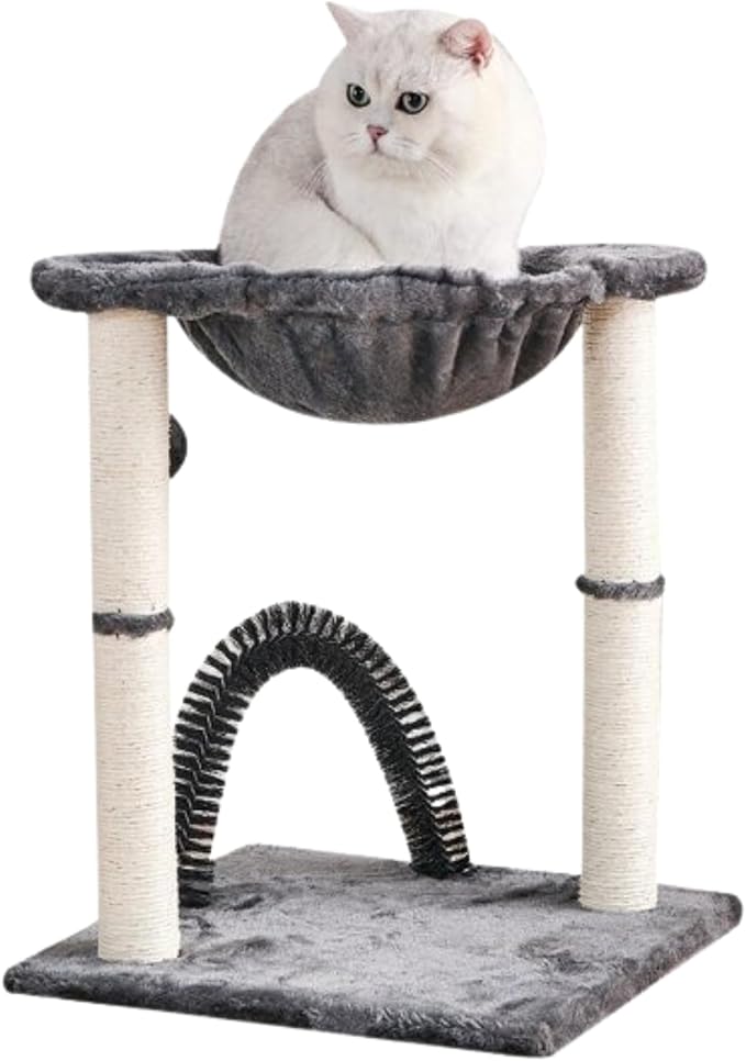 POLIPETS 19” Tall Cat Tower with Hammock,Sisal Scratching Posts and Pets Self Groomer Massager, Soft Hanging Basket Perch Hammock,Indoors Cat Furniture 16x15”, Gray